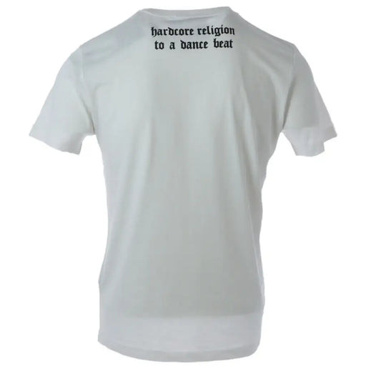 White T Shirt with Gothic Lettering displayed on a product page