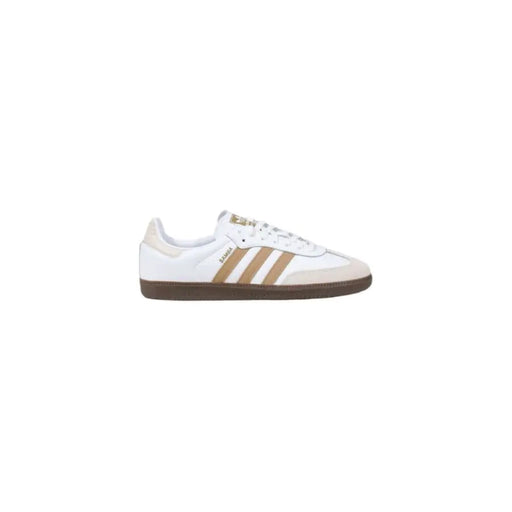 White and tan Adidas Samba sneaker displayed in the Adidas Samba Sneakers in White and Tan product image