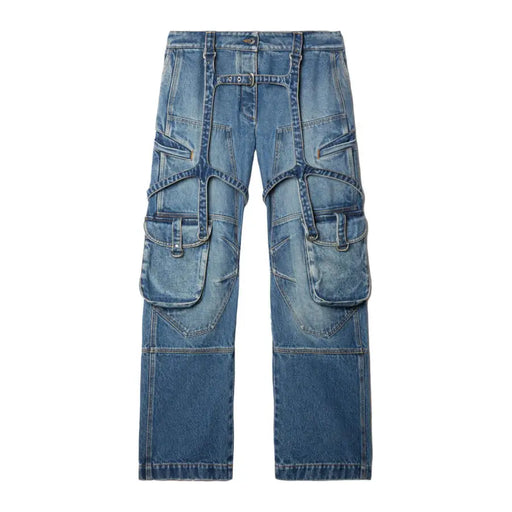Off White Women Cotton Jeans with Zip Fly and Distressed Finish featuring light wash blue denim cargo pants with detachable leg straps and pockets