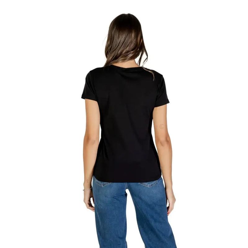 Woman wearing Liu Jo Black Cotton T Shirt with Rhinestones and Round Neck