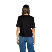 Woman facing away wearing Liu Jo Women Black V Neck T Shirt with Rhinestone Print