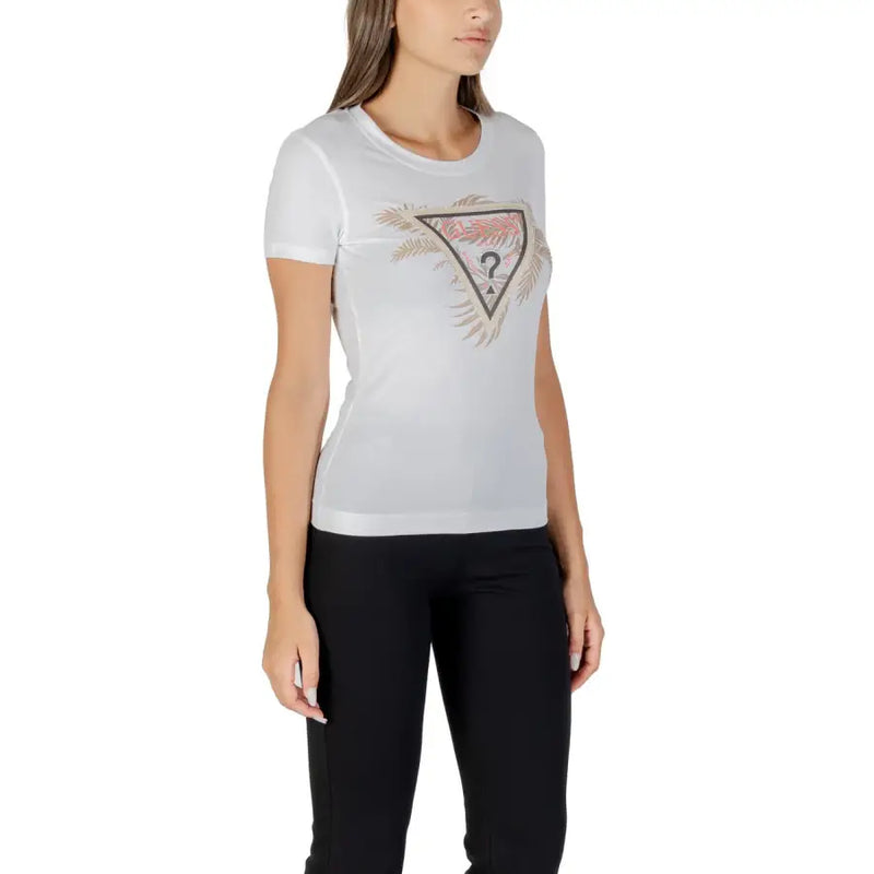 Woman wearing Guess White Printed Short Sleeve Round Neck T Shirt with a triangular graphic