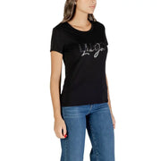 Woman wearing Liu Jo Black Cotton T Shirt with sparkling rhinestone round neck