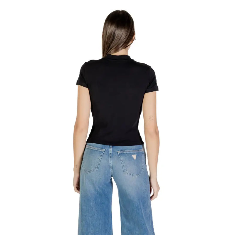 Guess Women Black Short Turtleneck T Shirt with Light Wash Wide-Leg Jeans