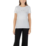 Woman wearing Armani Exchange short-sleeve white cotton T-shirt with subtle AX logo