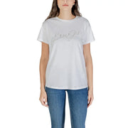 White Liu Jo women’s short sleeve round neck cotton T-shirt with sparkly logo and blue jeans