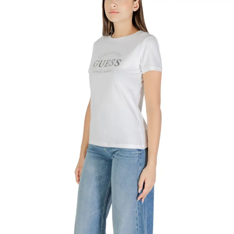 White short-sleeved Guess Active women’s T-shirt with metallic logo and round neck