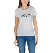 Woman wearing Liu Jo White Printed Short Sleeve Round Neck T Shirt with LIU JO logo