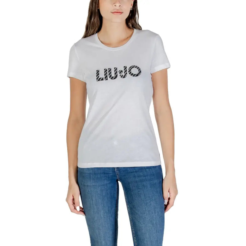 Woman wearing Liu Jo White Printed Short Sleeve Round Neck T Shirt with LIU JO logo