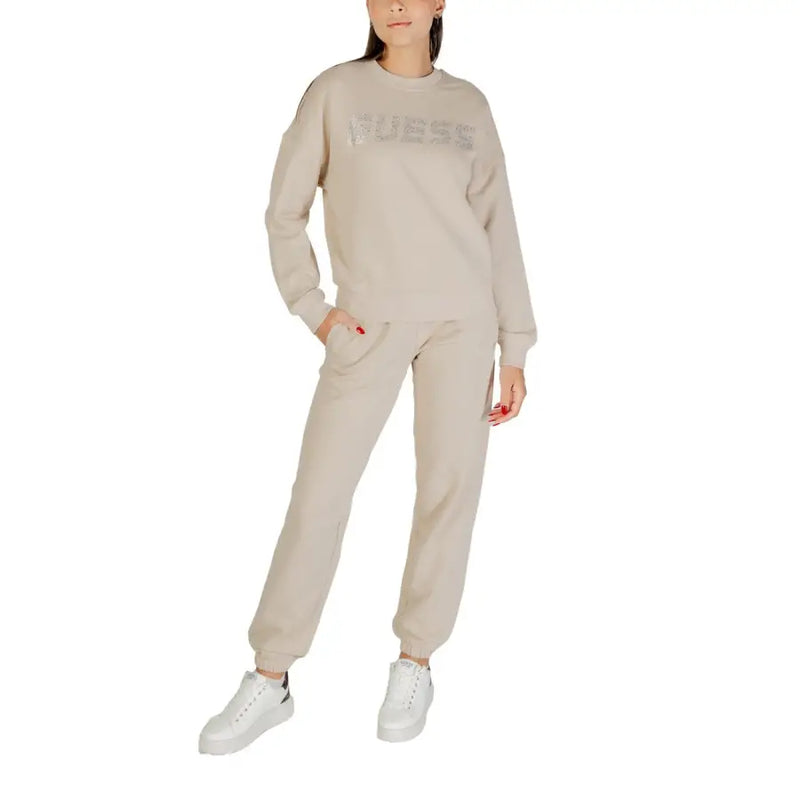 Women’s beige Guess loungewear set with rhinestone logo and round neck sweatshirt