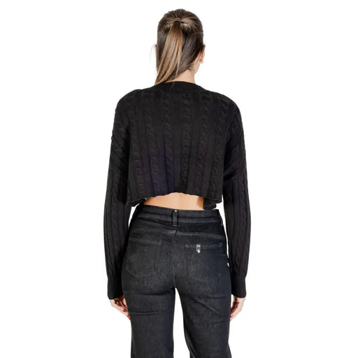 Women’s black cable knit cropped sweater from Womens Black Long Round Neck Knitwear for Fall Winter