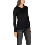 Women’s black long-sleeve round neck T-shirt with a small white logo and rhinestones