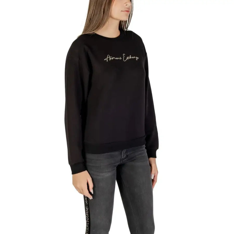 Women’s black long-sleeved crew-neck sweatshirt with white script logo from Armani Exchange