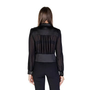 Women’s black long-sleeved sheer blouse with pintuck detailing and a wide waistband