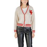 Women’s cream cable-knit cardigan with red stripes and NY embroidery from Womens Black Printed Long Low V Neck Cardigan Fall Winter collection