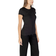 Women’s black short-sleeve cotton T-shirt with rounded neckline and rhinestone accents