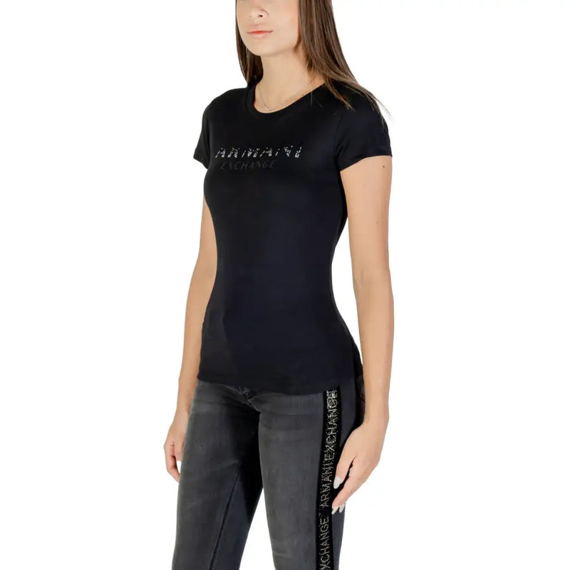 Women’s black short-sleeve T-shirt with subtle Armani Exchange logo and rhinestone print