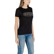 Women’s black short-sleeved T-shirt with glittery GUESS logo, round neck design