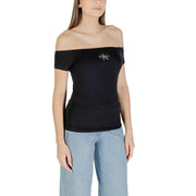 Women’s black off-the-shoulder Calvin Klein Jeans top with silver logo on chest