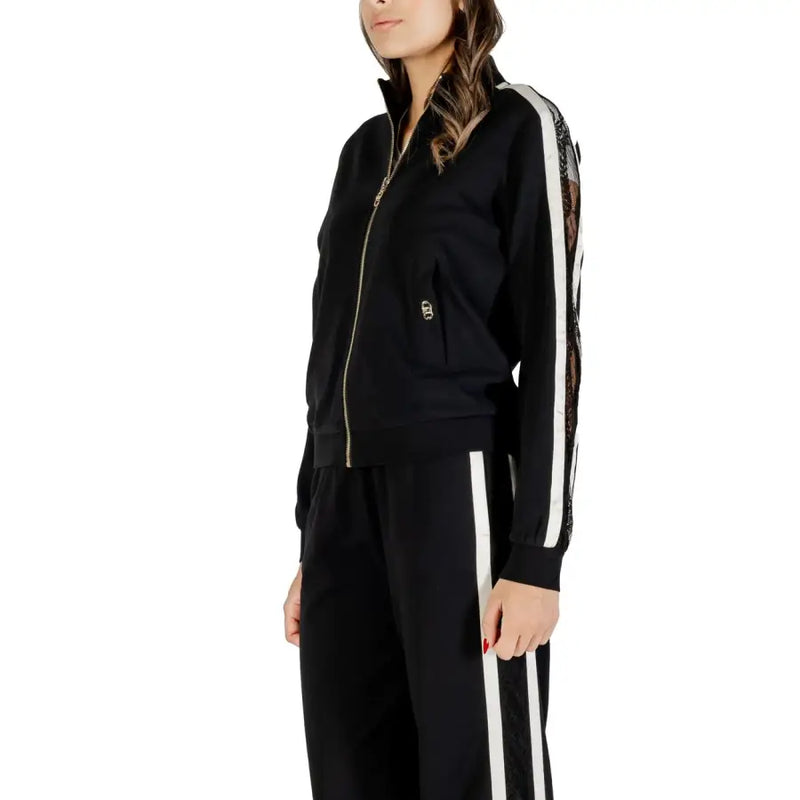 Women’s black tracksuit with white side stripes from Liu Jo featuring a zip front sweatshirt