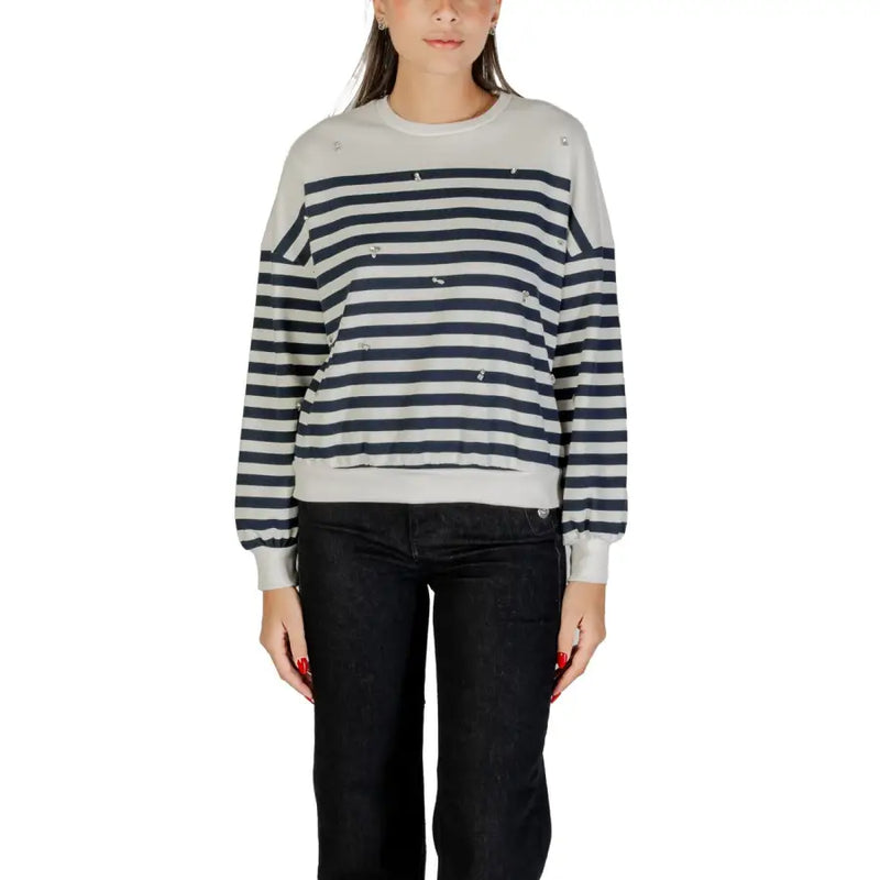 Blue striped long sleeve crewneck sweatshirt with pearl embellishments and rhinestones