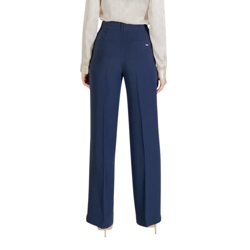 Women’s navy blue high-waist wide-leg polyester trousers with pockets for fall winter fashion