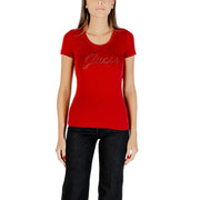 Red women’s short-sleeve T-shirt with Guess logo and rhinestone print