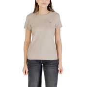 Beige Guess Active women’s short-sleeve crewneck T-shirt in solid light tan color