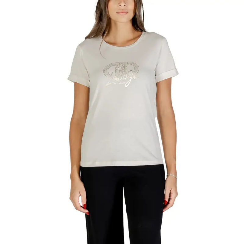 Women’s white cotton T-shirt with round neck and embroidered front design