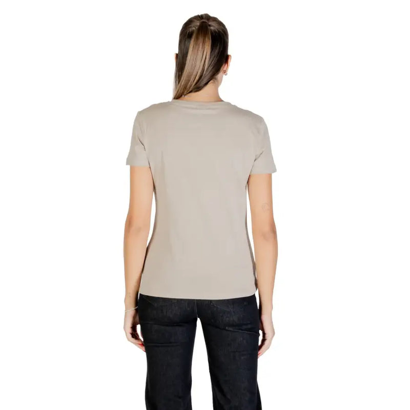 Beige Guess Women Rhinestone Round Neck T-Shirt in light brown short-sleeved crew-neck style