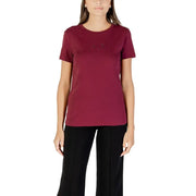 Women’s maroon short-sleeved cotton T-shirt with rhinestone embellishment and round neck
