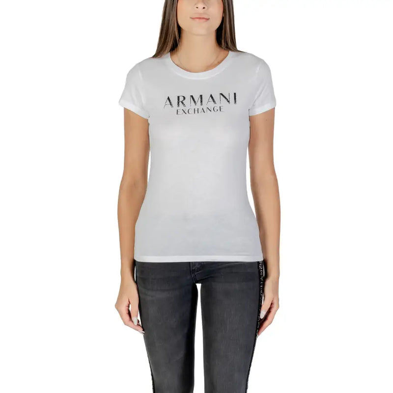 Women’s white short-sleeve T-shirt with black rhinestone print from Armani Exchange