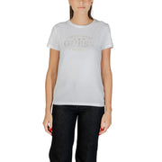 Women’s white short-sleeve crew-neck T-shirt with metallic GUESS graphic and rhinestone details