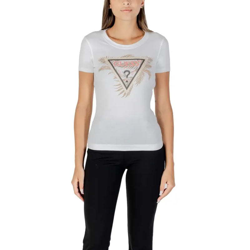 Women’s white printed short sleeve round neck T-shirt with tropical graphic and black pants