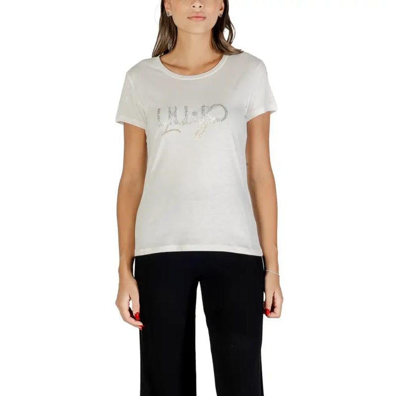 Women’s white short-sleeve round neck cotton T-shirt displayed in Liu Jo product lineup