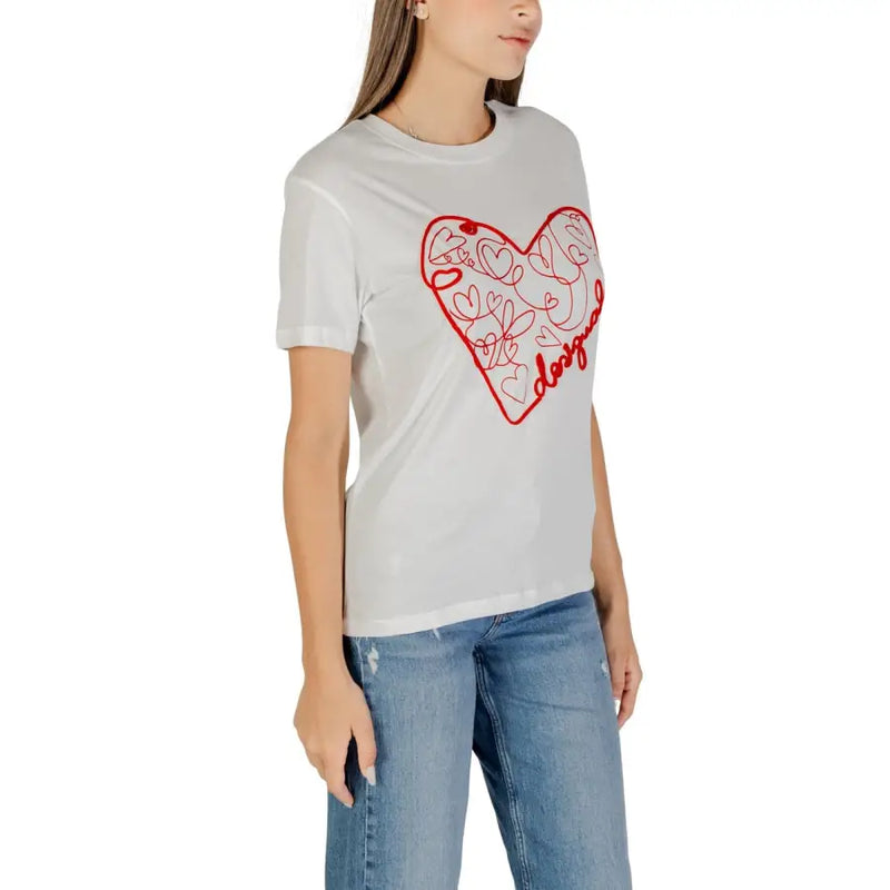 Women’s white short-sleeved T-shirt with a red heart design from Desigual
