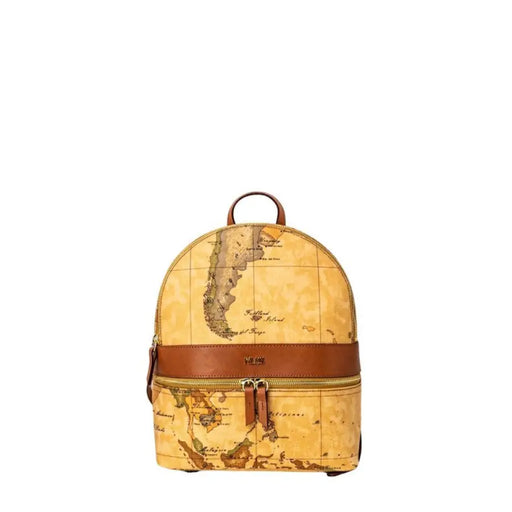 Front view of a world map patterned backpack with brown leather straps