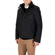 Black down jacket with hood and shearling lining, popular brand: canada goose.