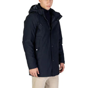 Navy blue parka with hood and zipper details, likely made of nylon or polyester material.