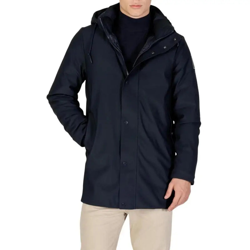 Navy blue waterproof hooded jacket with black lining and silver accents.