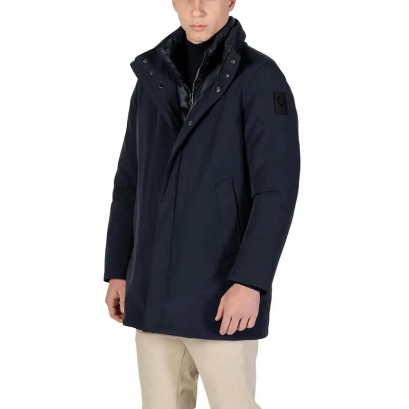Navy blue down-filled winter coat with black accents and a hood.