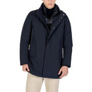 Navy blue waterproof parka with hood and zipper details.