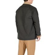Charcoal gray jacket with tan collar and cuffs, made of durable fabric.