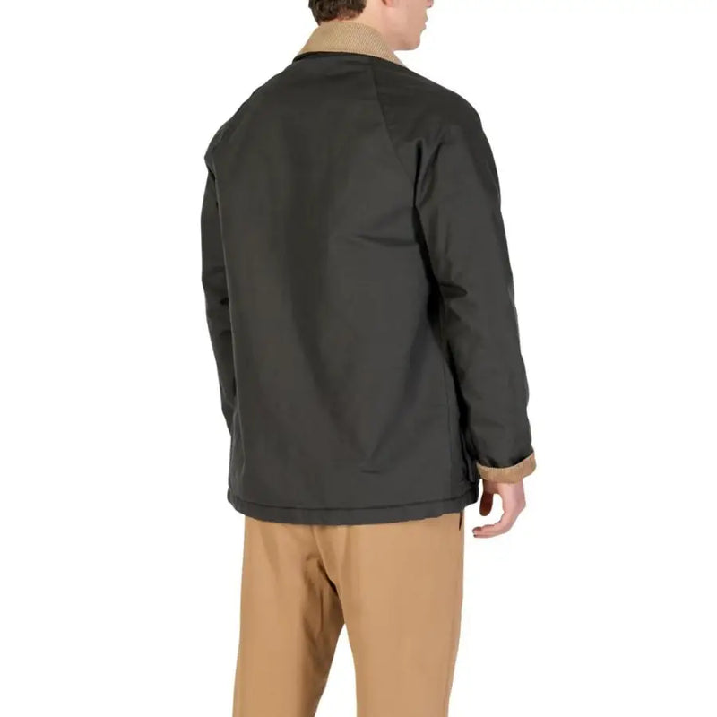 Charcoal gray jacket with tan collar and cuffs, made of durable fabric.
