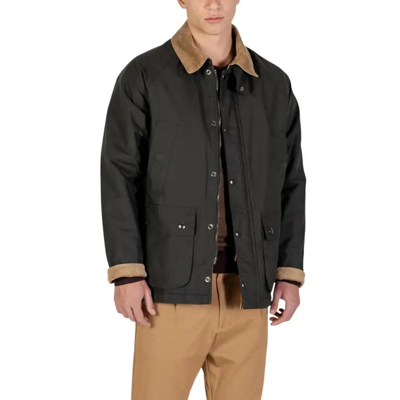 Black barbour jacket with tan collar and buttons, waxed cotton material.