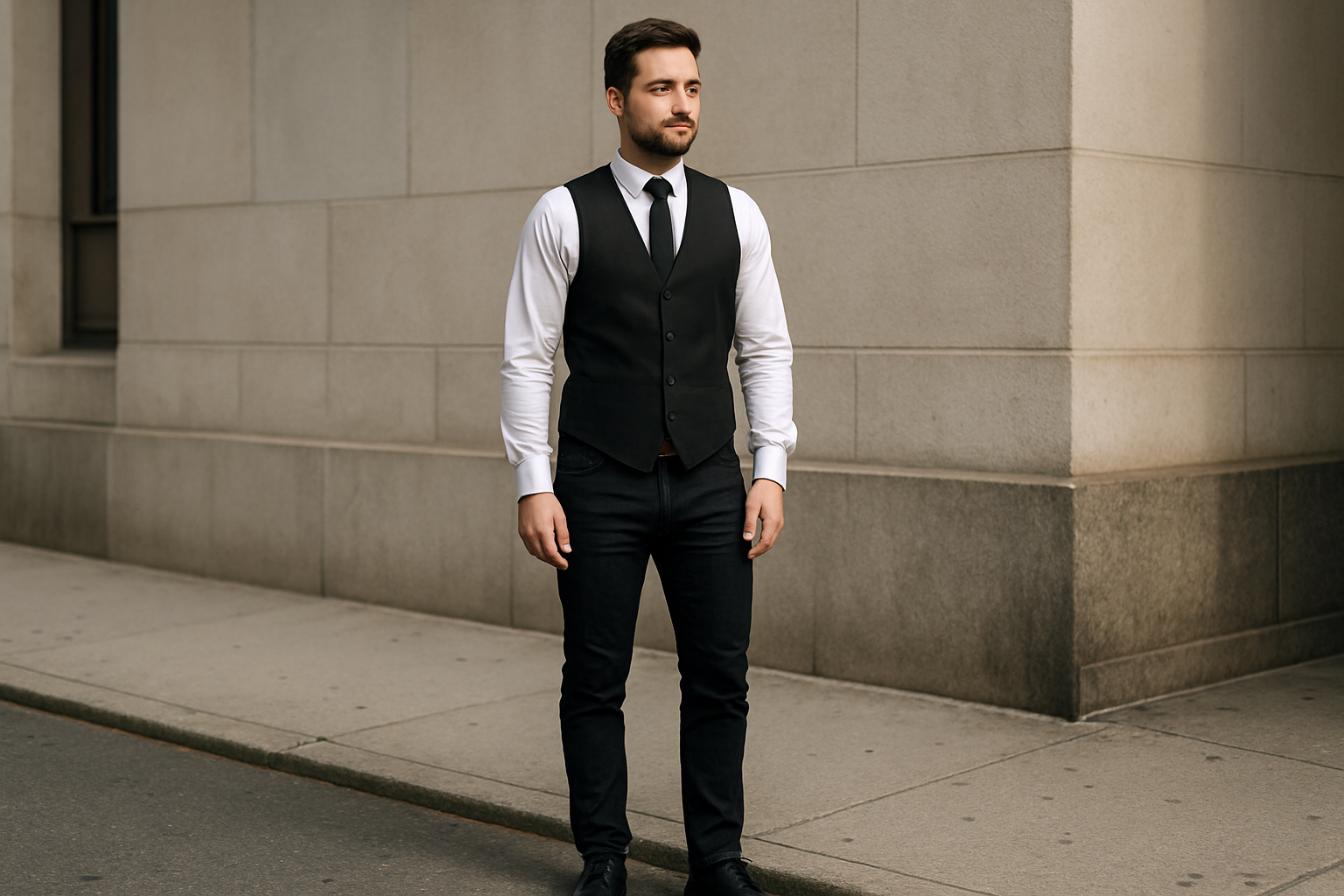 a man wears a black jean with vest for business .  Full body