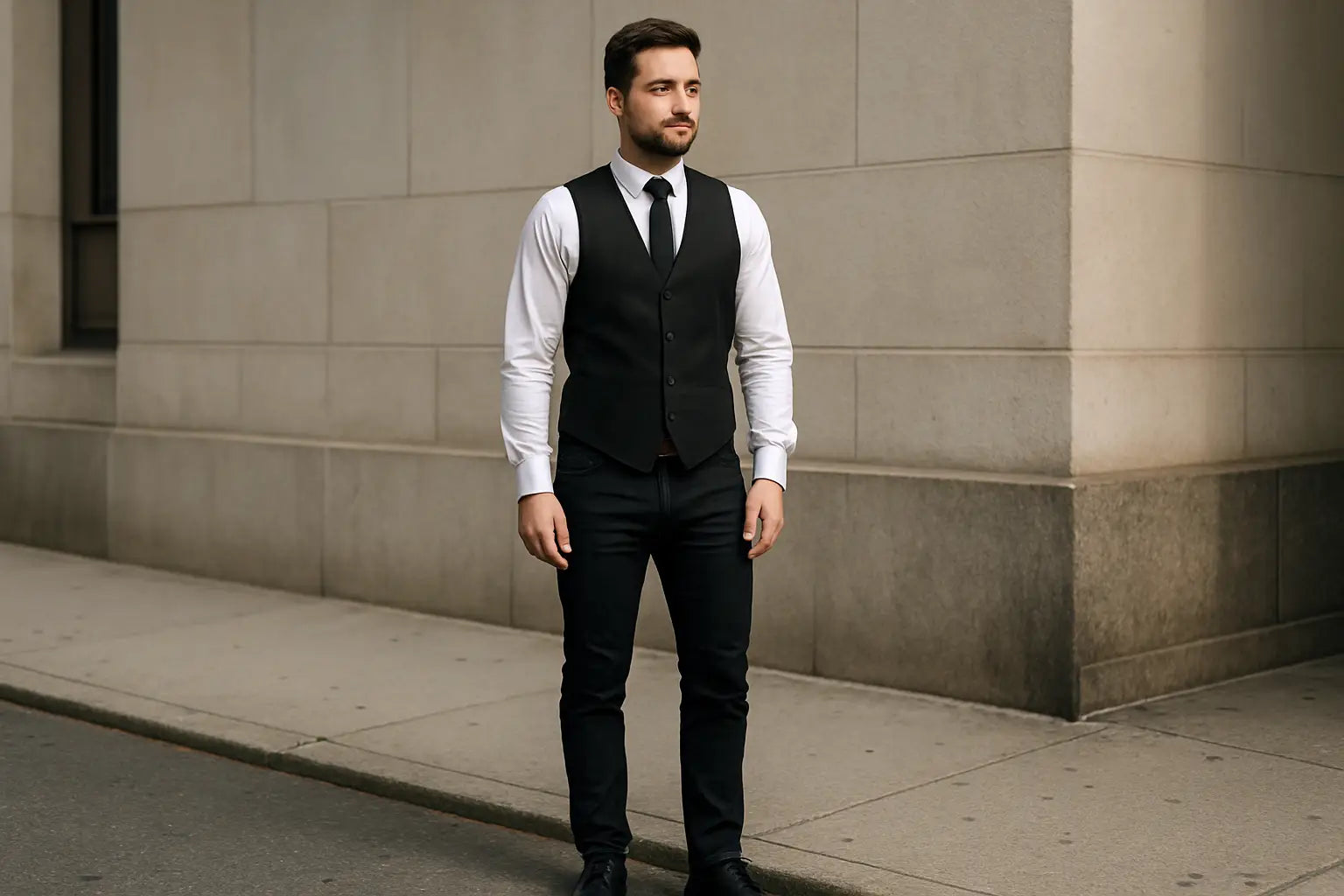 a man wears a black jean with vest for business .  Full body