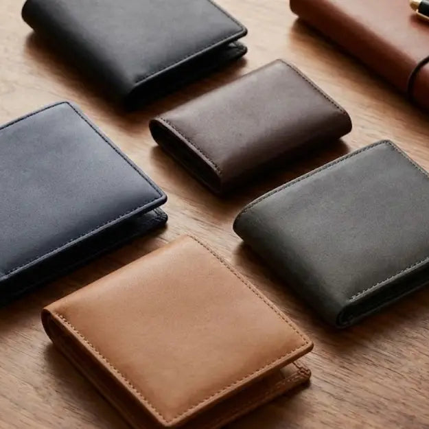 Collection of mens leather wallets in black, brown, navy, tan shades
