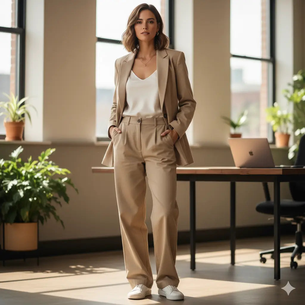Beige blazer with white tank top and khaki pants, casual yet professional look.