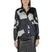 Abstract patterned black and grey button-down blouse for women with long V-neck design